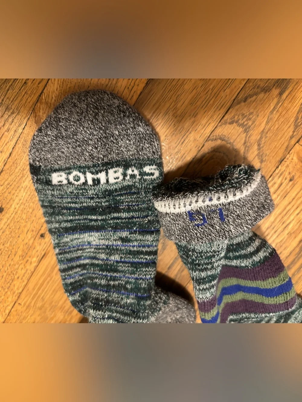 Bombas Crew Socks with Purple and Green Stripes